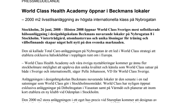 WORLD CLASS HEALTH ACADEMY ÖPPNAR I BECKMANS LOKALER