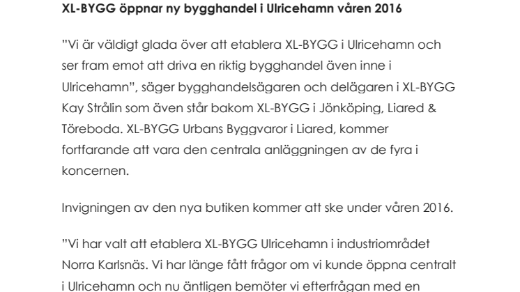 XL-BYGG öppnar ny bygghandel i Ulricehamn 28:e april 2016