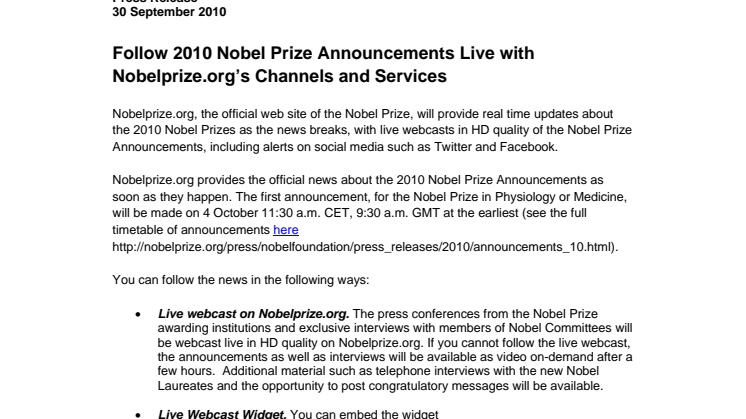 Follow 2010 Nobel Prize Announcements Live with Nobelprize.org’s Channels and Services