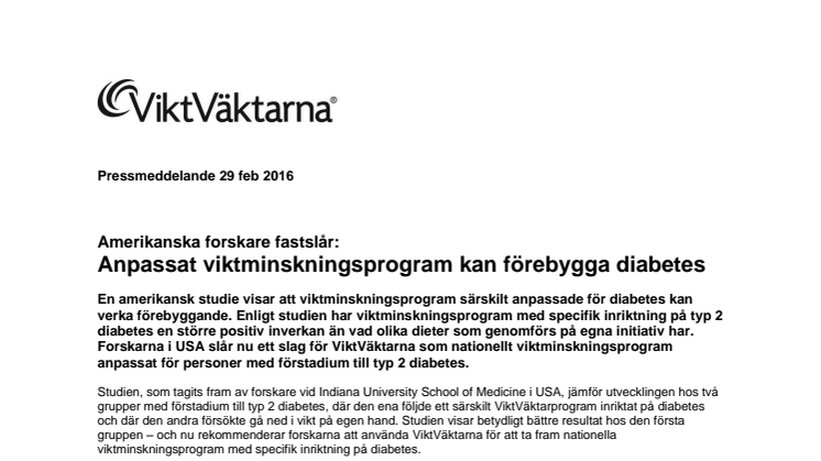 Amerikanska forskare fastslår: anpassat viktminskningsprogram kan förebygga diabetes