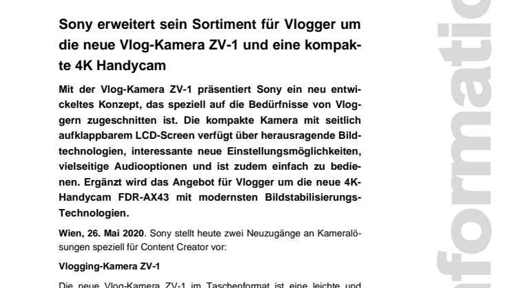 Sony erweitert sein Sortiment für Vlogger um die neue Vlog-Kamera ZV-1 und eine kompakte 4K Handycam