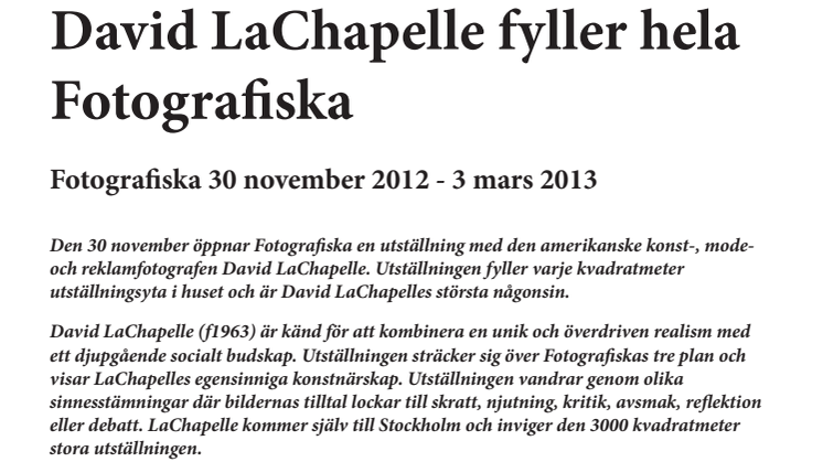Utställningen Burning Beauty med David LaChapelle öppnar 30 november