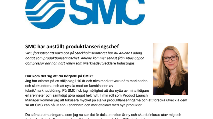 SMC Pneumatics har anställt produktlanseringschef
