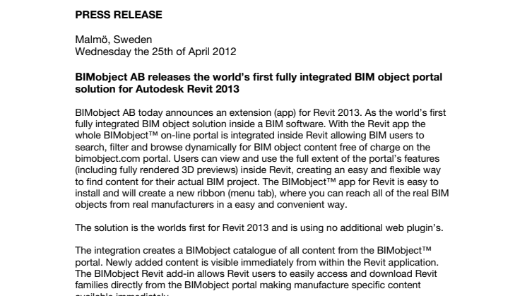BIMobject AB releases the world’s first fully integrated BIM object portal solution for Autodesk Revit 2013