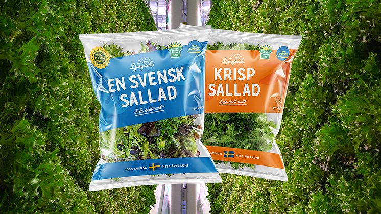 Hos Ljusgårda odlas svensk sallad inomhus året runt och den märks med Från Sverige.  Idag har Ljusgårda två produkter med färdigskuren sallad i påse – en krispsallad och en mixsallad. 