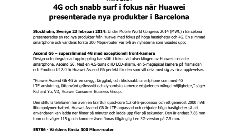 4G och snabb surf i fokus när Huawei presenterade nya produkter i Barcelona