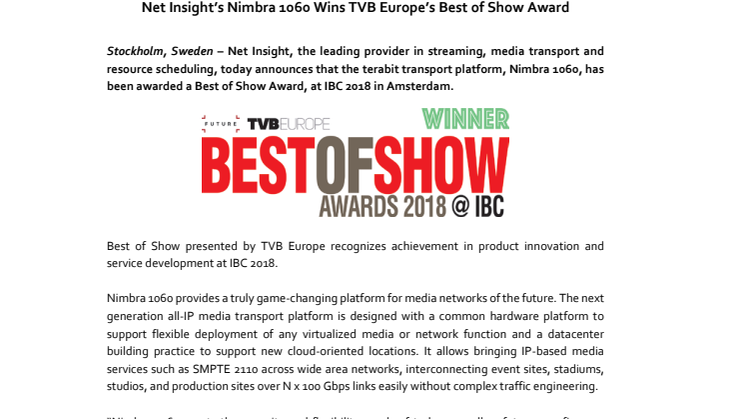 Net Insight’s Nimbra 1060 Wins TVB Europe’s Best of Show Award