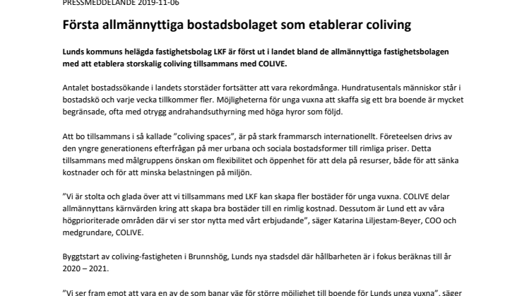 FÖRSTA ALLMÄNNYTTIGA BOSTADSBOLAGET SOM ETABLERAR COLIVING