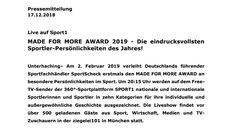 Save the Date: MADE FOR MORE AWARD, 2. Februar 2019