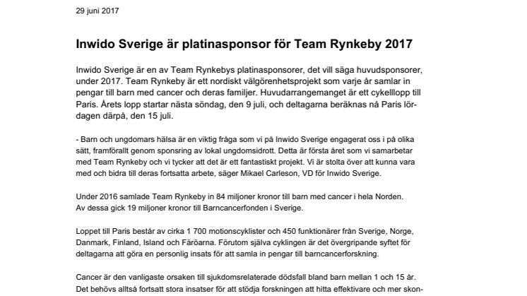 Inwido Sverige är platinasponsor för Team Rynkeby 2017