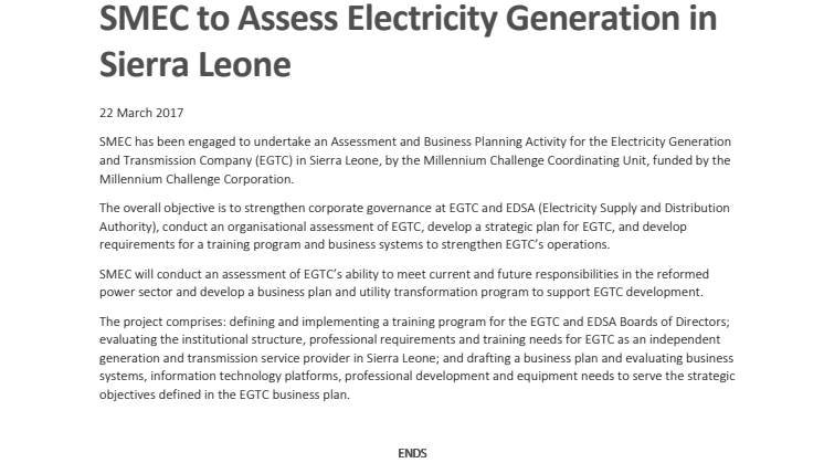 Energy Generation Assessment secured in Sierra Leone