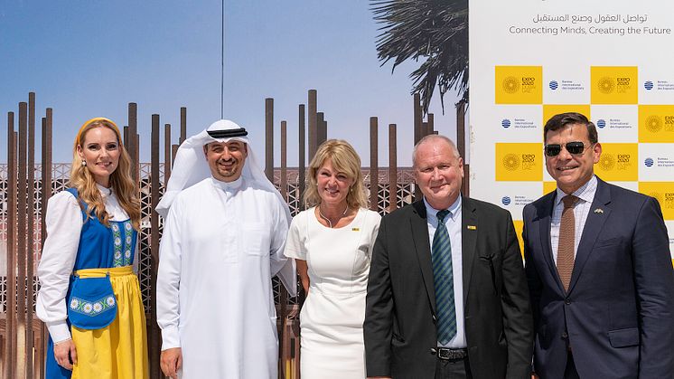 From Left: Soprano singer Hannah Holgersson, Najeeb Mohammed Al-Ali, Executive Director, Expo 2020 Dubai Bureau, Minister for Foreign Trade Anna Hallberg, Commissioner General Anders Lönnberg and H.E. Ambassador Henrik Landerholm