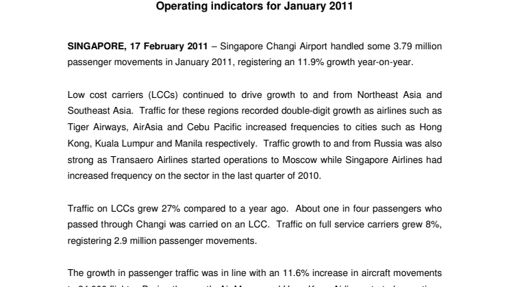 Operating indicators for January 2011