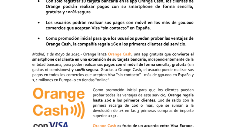 Orange y Visa lanzan Orange Cash, la nueva apuesta de la operadora por servicios financieros desde el móvil