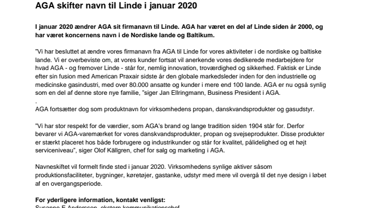 ​AGA skifter navn til Linde i januar 2020