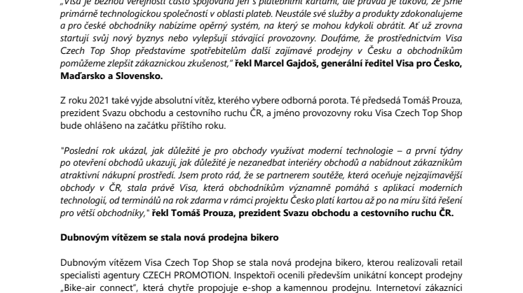 Visa se stává partnerem soutěže Czech Top Shop 