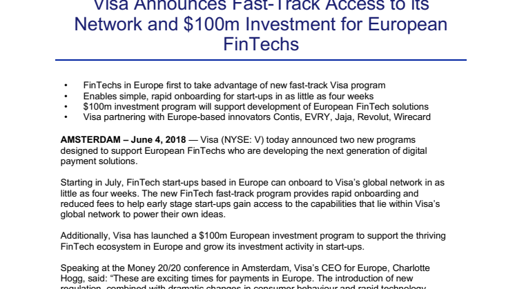 Visa avaa Fast-Track kanavan verkostoonsa ja julkistaa 100 miljoonaan dollarin investoinnin eurooppalaisiin Fintech-yrityksiin