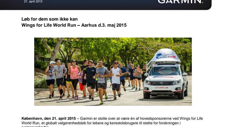 Garmin er partner ved årets Wings for Life World Run