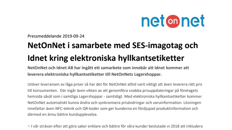 NetOnNet i samarbete med SES-imagotag och Idnet kring elektroniska hyllkantsetiketter 