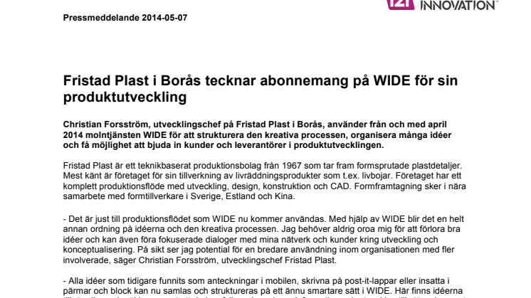 Fristad Plast i Borås tecknar abonnemang på WIDE för sin produktutveckling