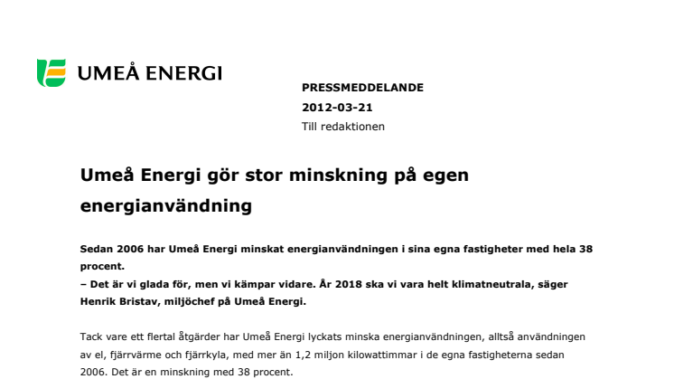 Umeå Energi gör stor minskning på egen energianvändning