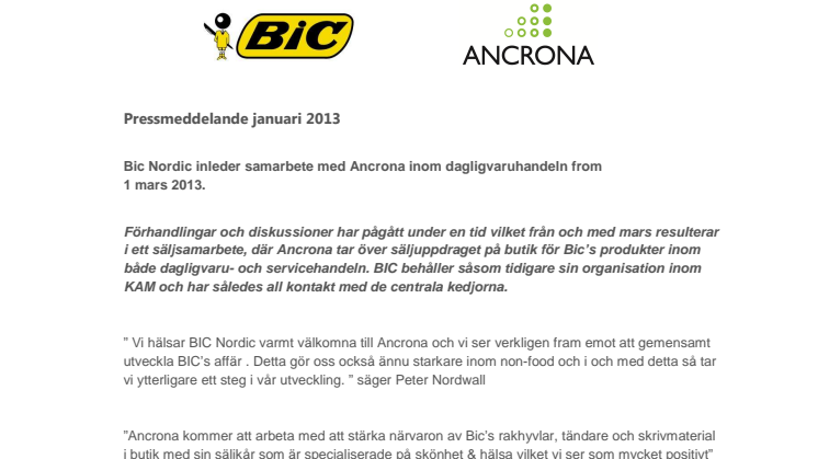 Bic Nordic inleder samarbete med Ancrona inom dagligvaruhandeln from 1 mars 2013