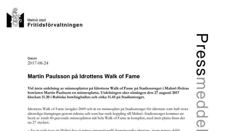 Martin Paulsson på Idrottens Walk of Fame i Malmö