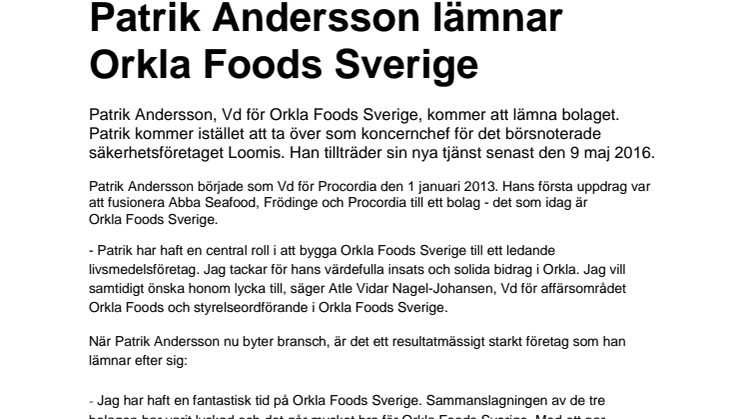 Patrik Andersson lämnar Orkla Foods Sverige