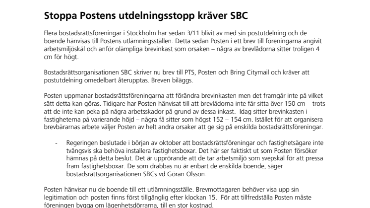 Stoppa Postens utdelningsstopp kräver SBC