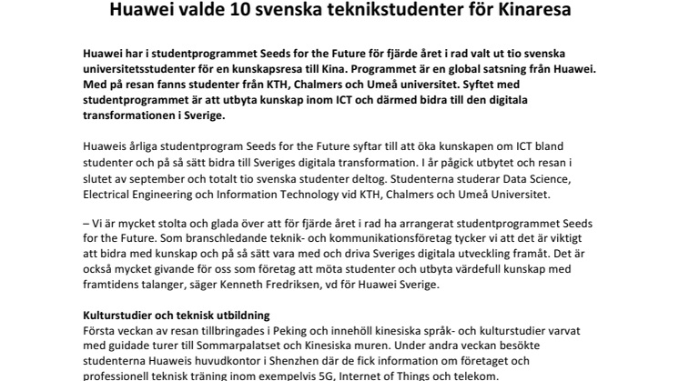 Huawei valde 10 svenska teknikstudenter för Kinaresa 