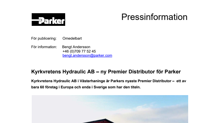 Kyrkvretens Hydraulic AB – ny Premier Distributor för Parker