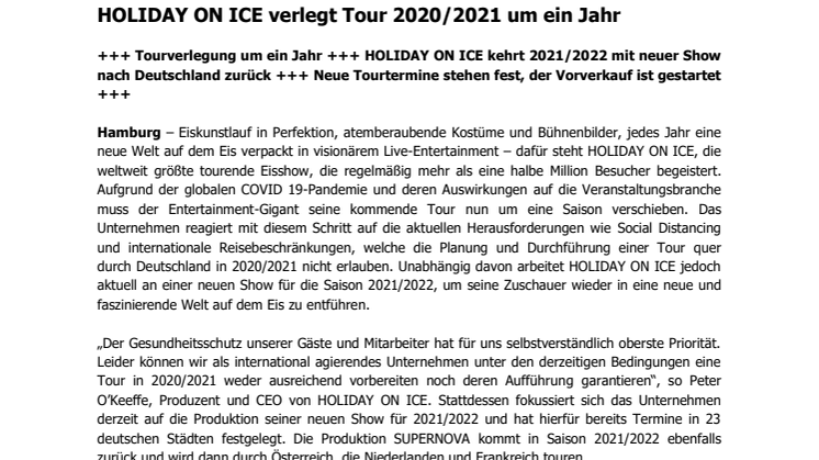 HOLIDAY ON ICE verlegt Tour 2020/2021 um ein Jahr