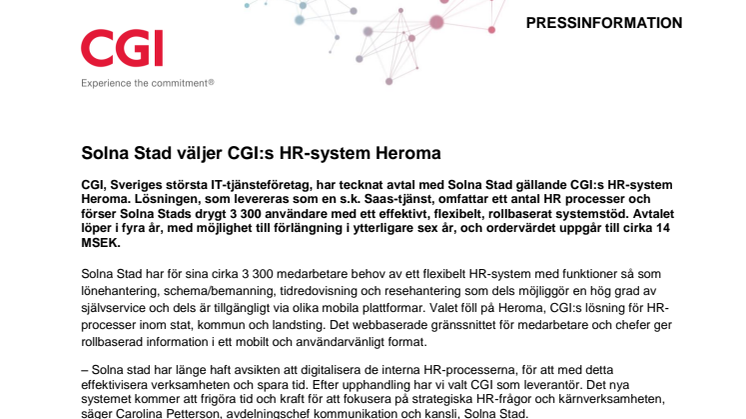 Solna Stad väljer CGI:s HR-system Heroma
