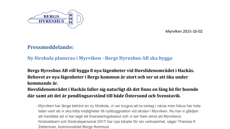 Ny förskola planeras i Myrviken - Bergs Hyreshus AB ska bygga