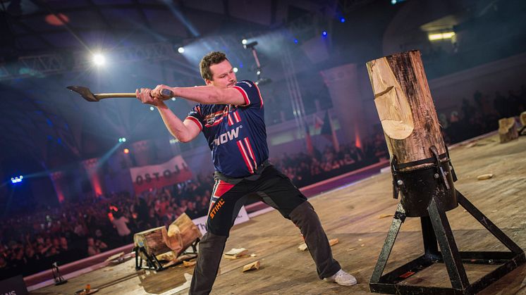 Vebjørn Sønsteby under VM i Praha 2019. Foto: STIHL TIMBERSPORTS®