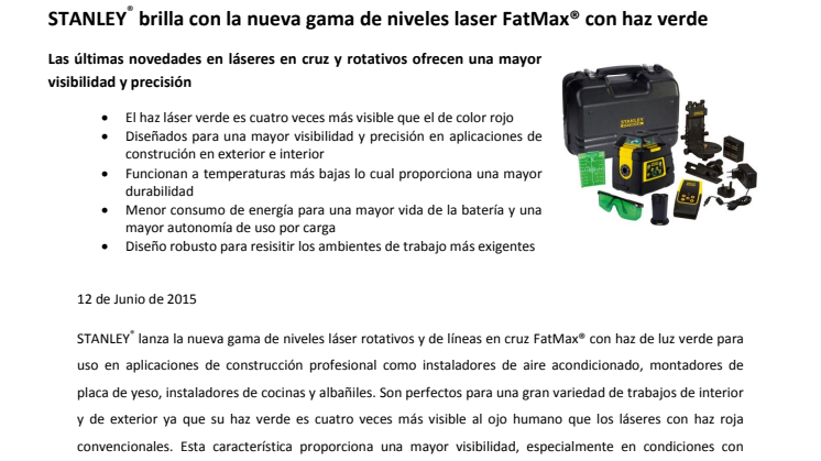 STANLEY® brilla con la nueva gama de niveles laser FatMax® con haz verde