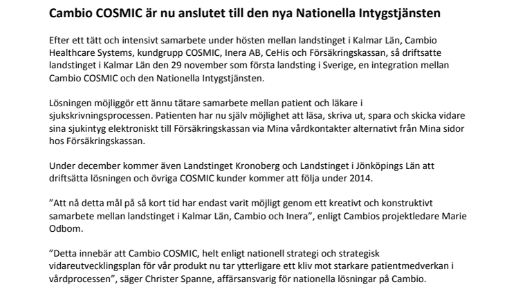 Cambio COSMIC är nu anslutet till den nya Nationella Intygstjänsten