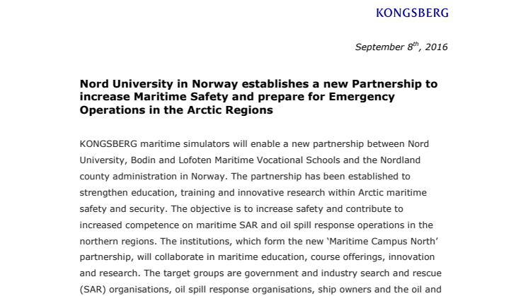 Kongsberg Digital: Nord University in Norway establishes a new Partnership to increase Maritime Safety and prepare for Emergency Operations in the Arctic Regions