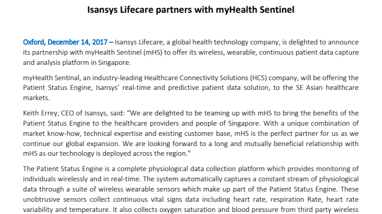 Isansys Lifecare partners with myHealth Sentinel