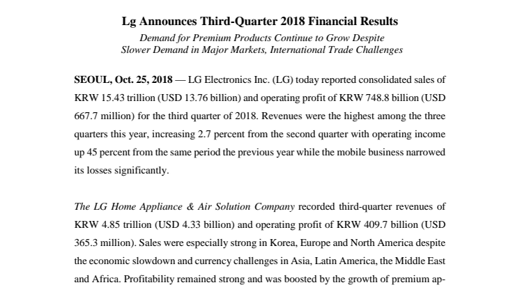 Lg Announces Third-Quarter 2018 Financial Results