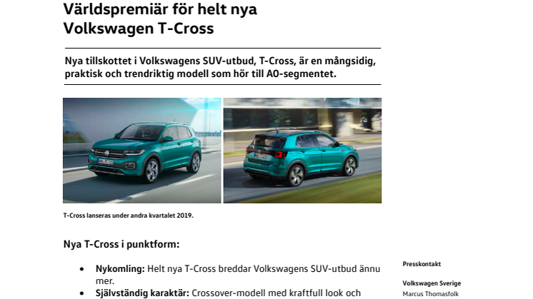 Världspremiär för helt nya Volkswagen T-Cross