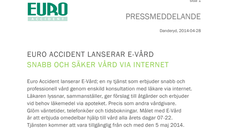 Euro Accident lanserar E-Vård, snabb och säker vård via internet