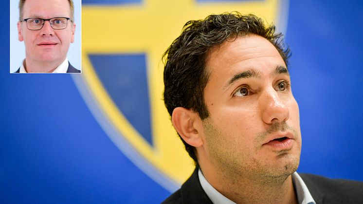 Civilminister Ardalan Shekarabi setter i gang en utredning om forbud mot pengespillreklame i Sverige. Foto: Jessica Gow, TT/NTB Scanpix. Innfelt: Spesialrådgiver Stein Langberget i Norsk Tipping.