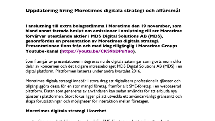 Uppdatering kring Moretimes digitala strategi och affärsmål