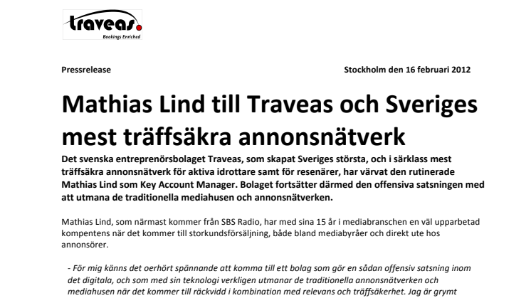 Mathias Lind till Traveas och Sveriges mest träffsäkra annonsnätverk  