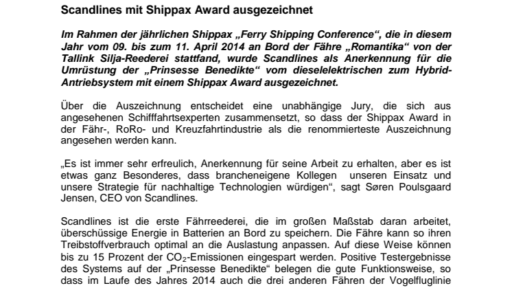 Scandlines mit Shippax Award ausgezeichnet