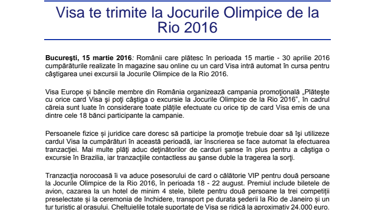 Visa te trimite la Jocurile Olimpice de la Rio 2016