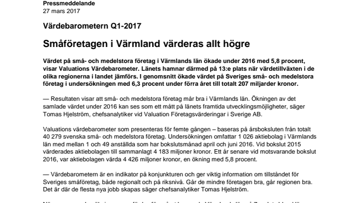 Värdebarometern Q1-2017 Värmlands län