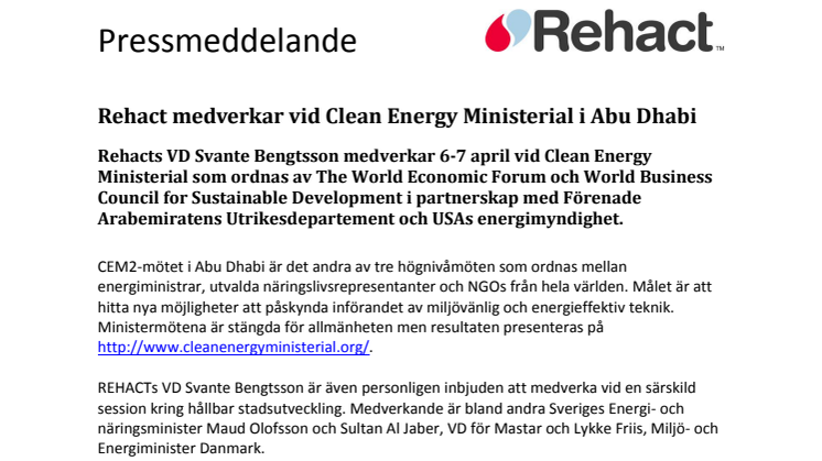 Rehact medverkar vid Clean Energy Ministerial i Abu Dhabi