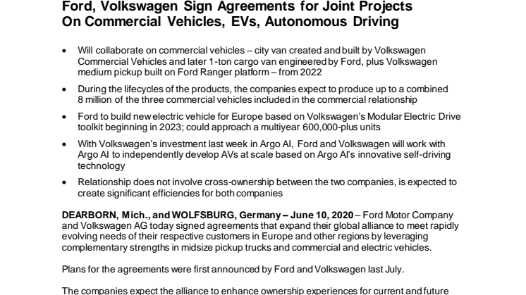 Ford & Volkswagen Sign Agreements for Joint Projects